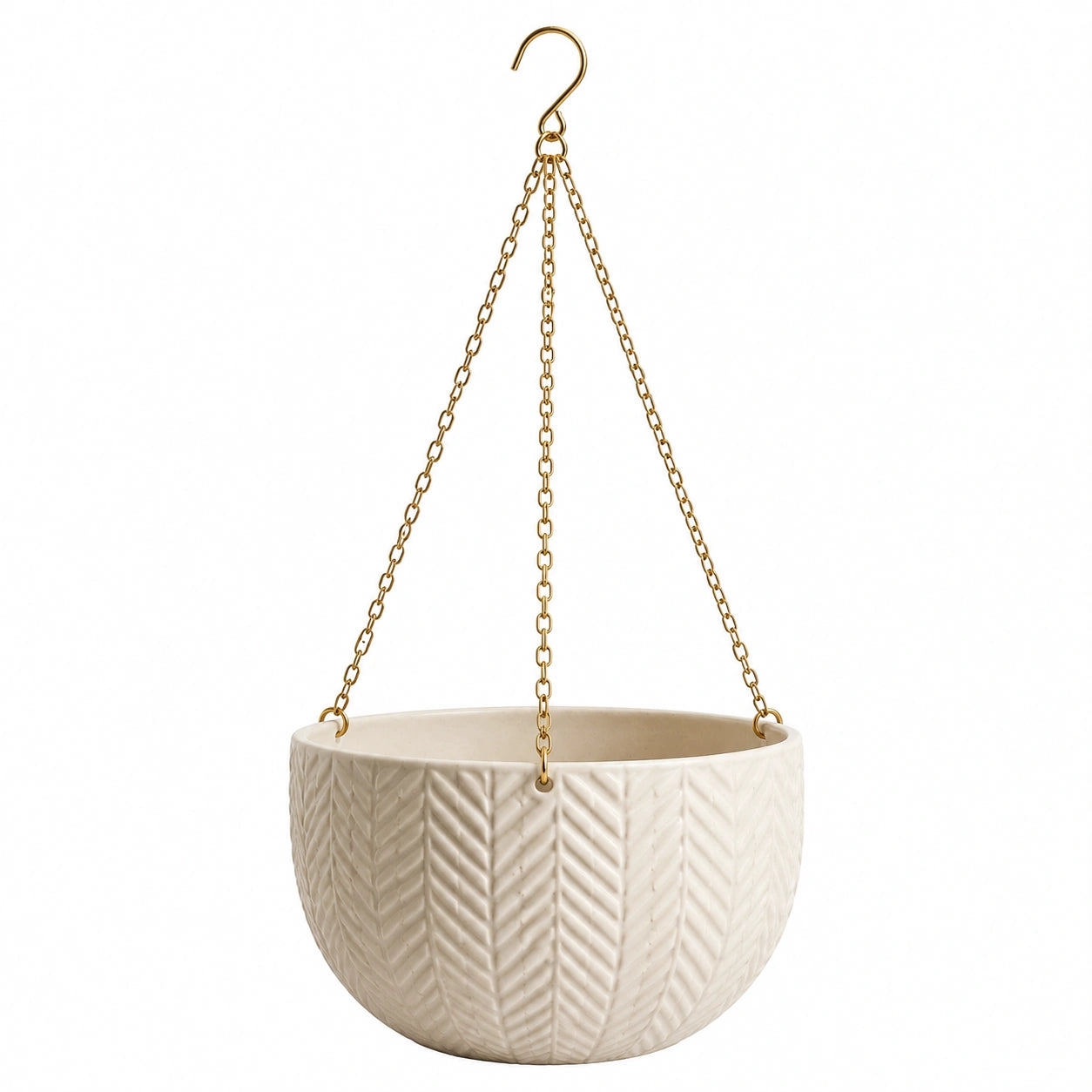Hängepflanztopf 18 cm Keramik Creme mit goldfarbener Metallkette Blattrelief