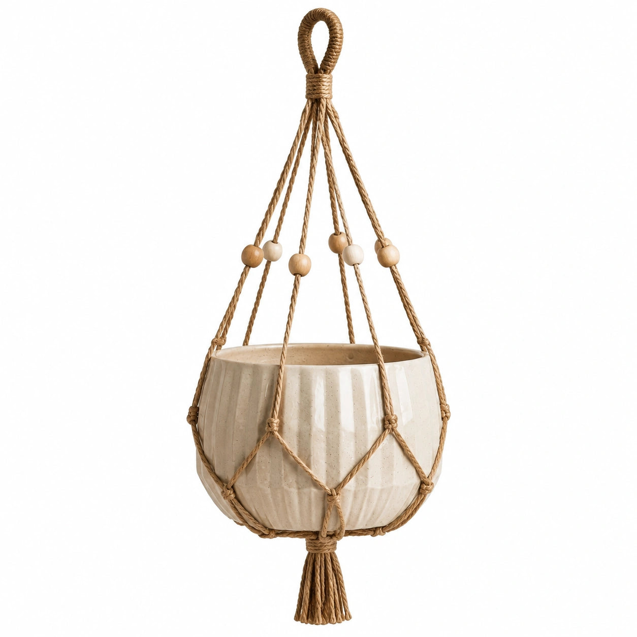 Hängeblumentopf 18 cm Keramik Creme mit Naturfaserseil für Zimmerpflanzen im Boho-Stil
