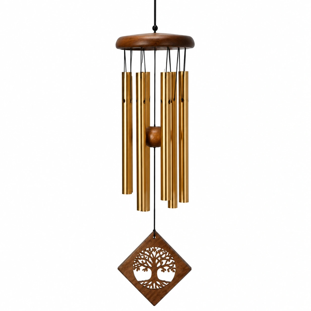 Windspiel 90 cm aus Metall und Holz in Gold/Braun mit hängendem Klangrohr-Design