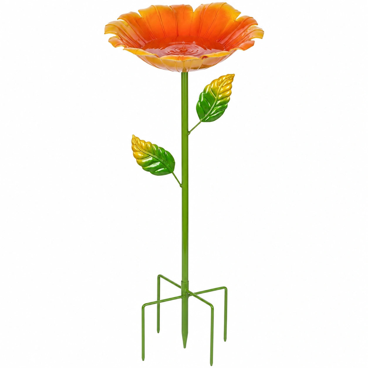 Vogelbad 30 cm Glas und Metall Orange Grün mit Blumenform für Garten