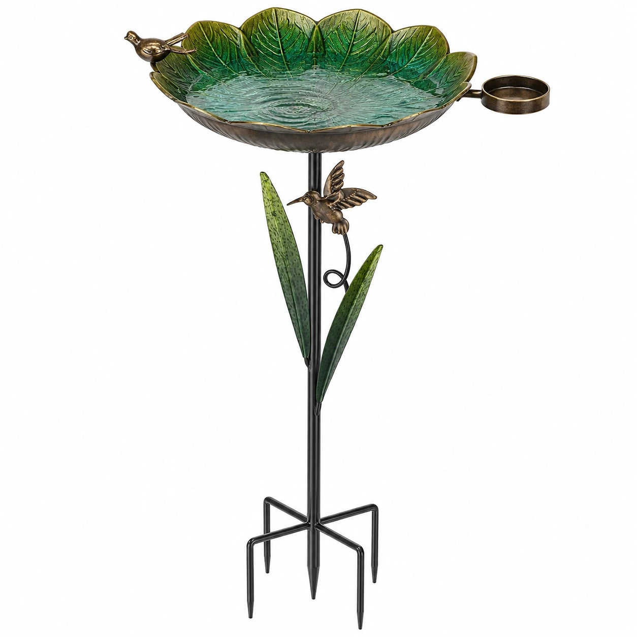 Vogelbad 48 cm Metall Grün Bronze mit Erdspieß Blattdesign