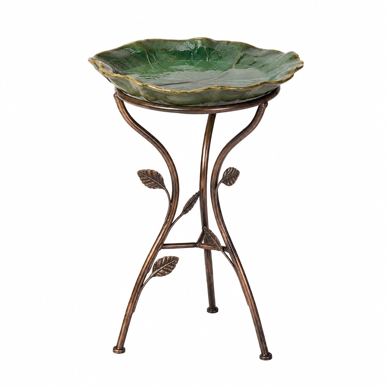 Vogelbad Ø 45 cm aus Keramik und Metall in Grün/Braun mit Blattdesign für Garten