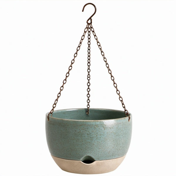 Hängeblumentopf 20 cm Keramik Türkis mit Metallkette für Balkon und Innenräume