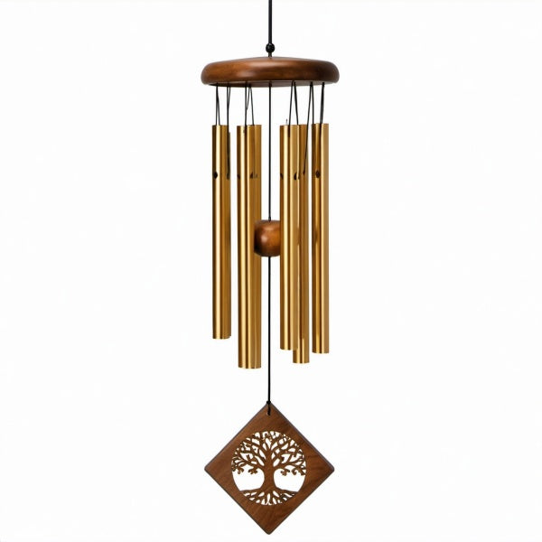 Windspiel 90 cm aus Metall und Holz in Gold/Braun mit hängendem Klangrohr-Design