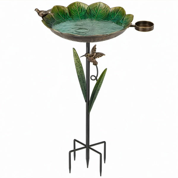 Vogelbad 48 cm Metall Grün Bronze mit Erdspieß Blattdesign